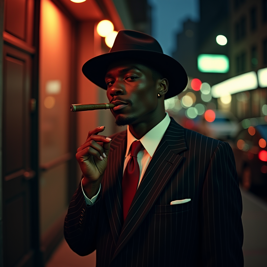 AI generated: FLUX prompt: black gangster wearing a pinstripe suit smoking a ... (FLUX - Portraits)