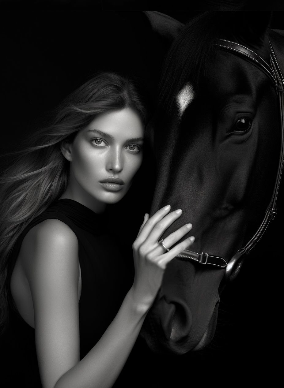 AI generated: Midjourney prompt: a black and white photo of a woman leaning on a ho... (Midjourney - Photography)