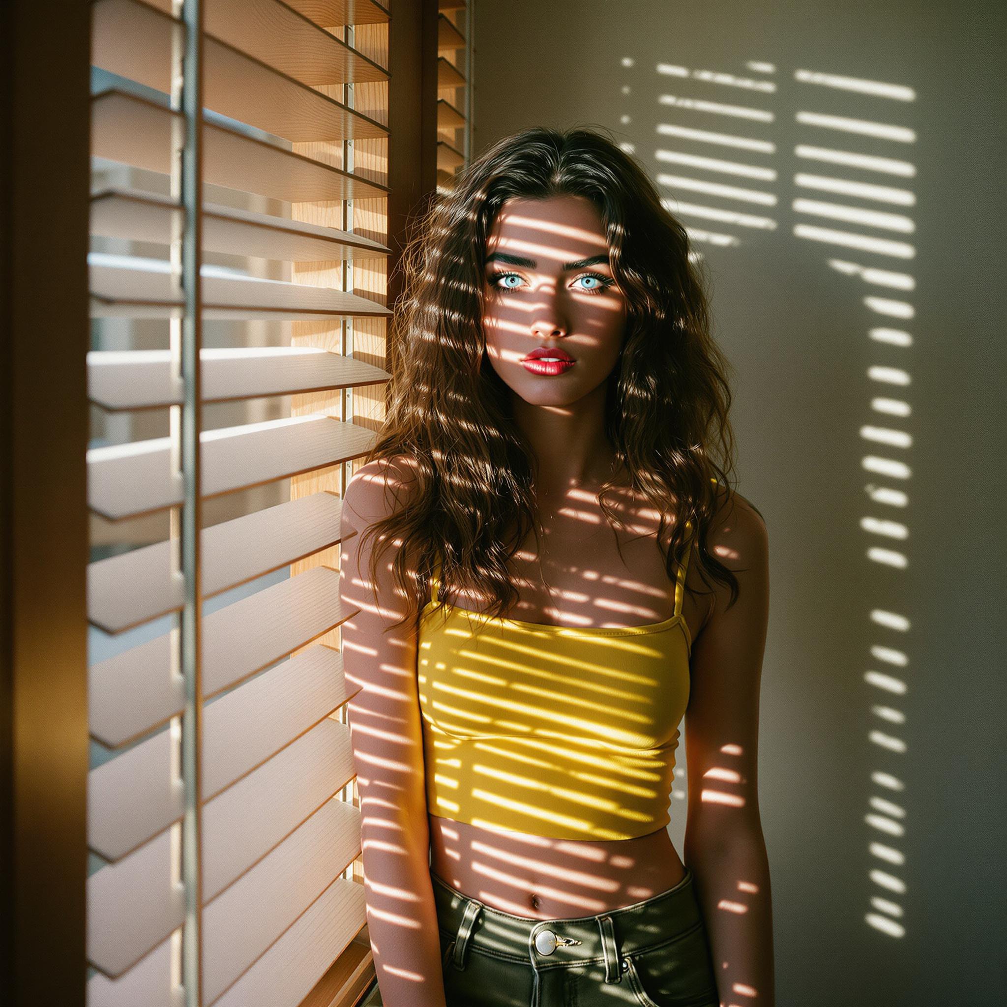 صورة مولدة بالذكاء الاصطناعي: FLUX prompt: photo, cute pose, a female is near a window, the l... (نموذج FLUX - تصوير فوتوغرافي)
