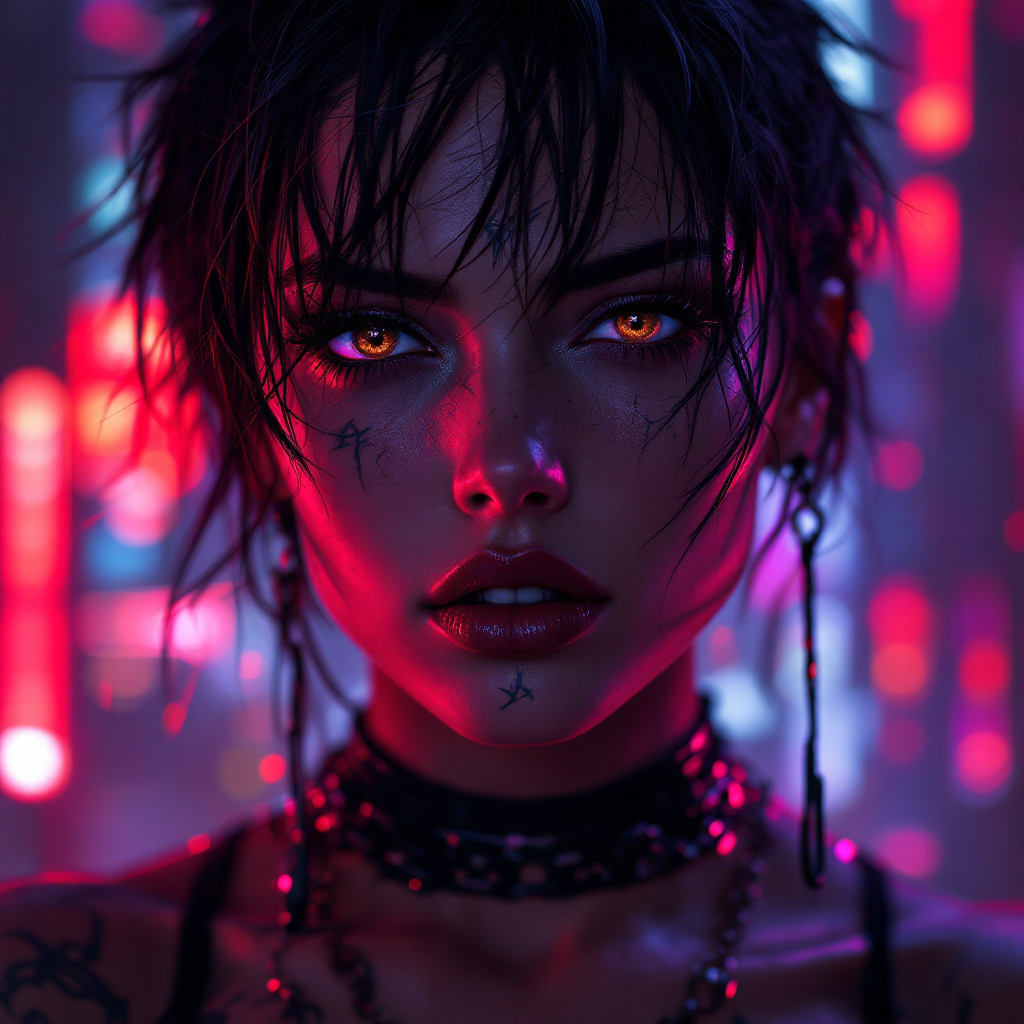 صورة مولدة بالذكاء الاصطناعي: FLUX prompt: A stunning close-up portrait of a mysterious cyber... (نموذج FLUX - صور شخصية)