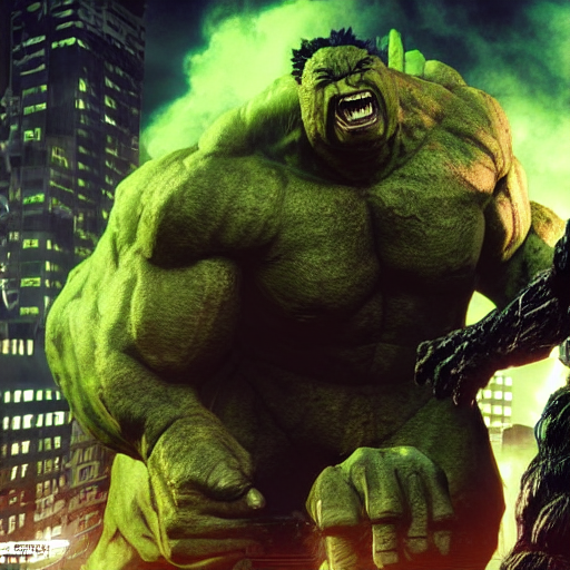Stable Diffusion prompt: hulk and godzilla is fighting ag...