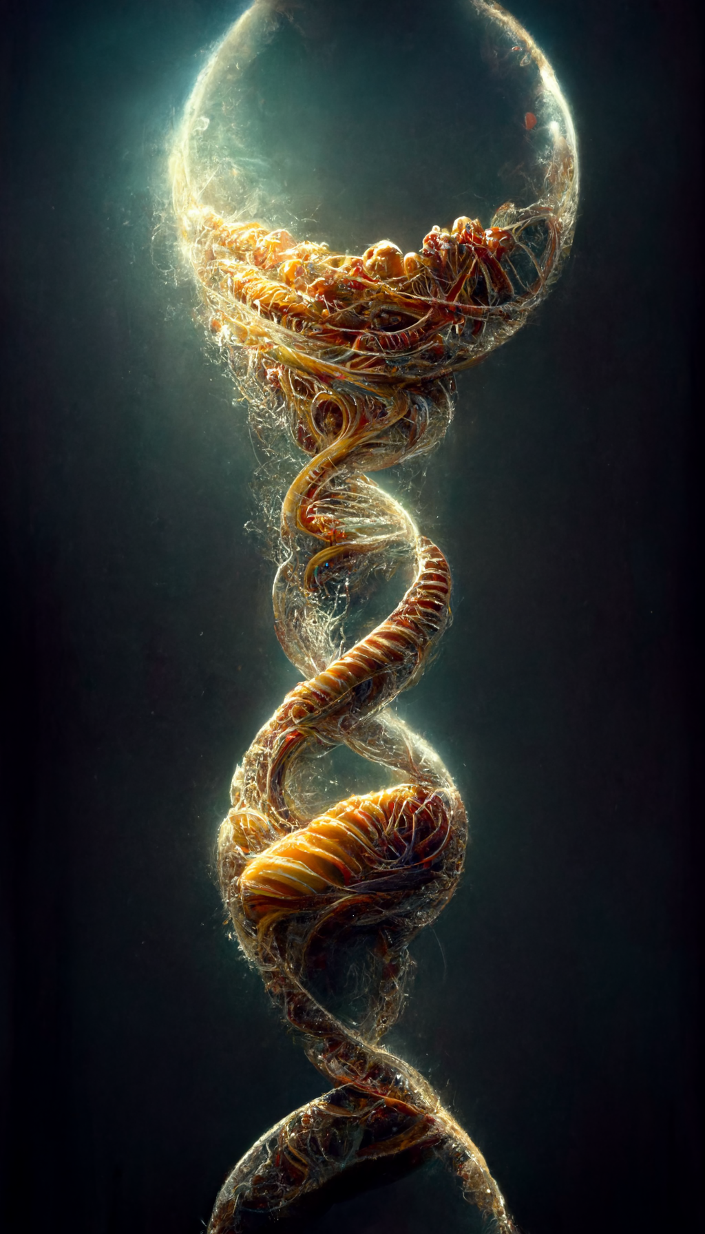 Midjourney prompt: a strand of alien dna mimicing the fib...
