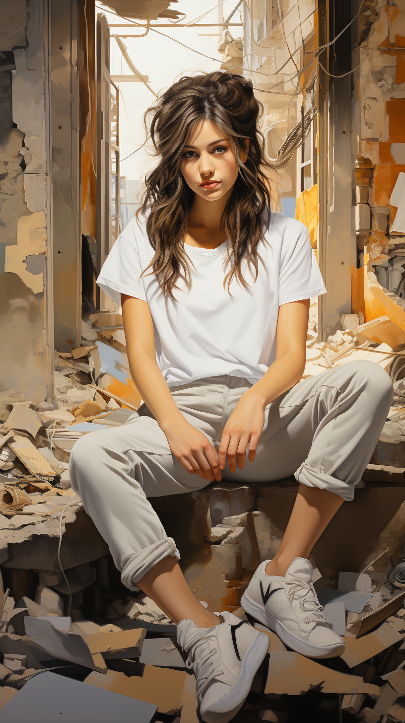 صورة مولدة بالذكاء الاصطناعي: Midjourney prompt: a teen girl in white top and jeans is sitting, in ... (نموذج Midjourney - صور شخصية)