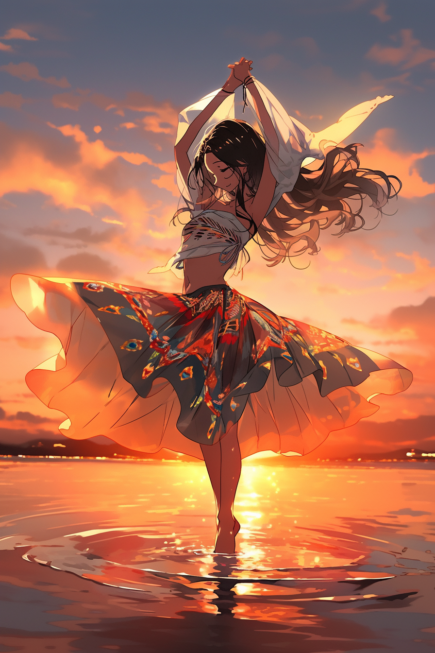 Midjourney prompt: An illustration of a dancer twirling on a beach, w... - Midjourney