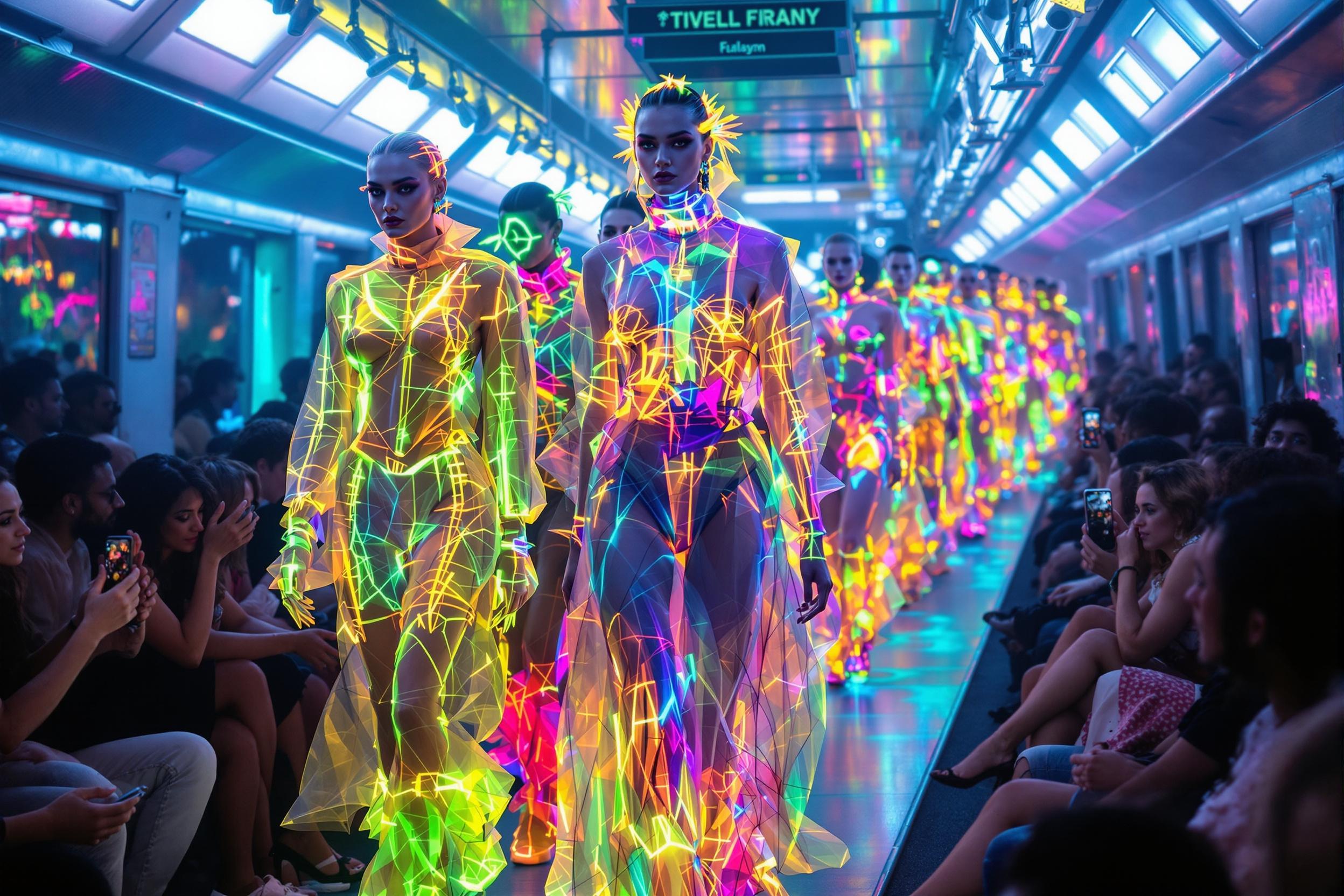 FLUX prompt: A high-resolution, dynamic scene of a fashion show... - FLUX