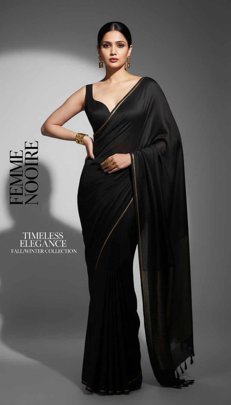 صورة مولدة بالذكاء الاصطناعي: Nano Banana prompt: face exact mach wearing black saree , full-body s... (نموذج Nano Banana - أزياء وموضة)
