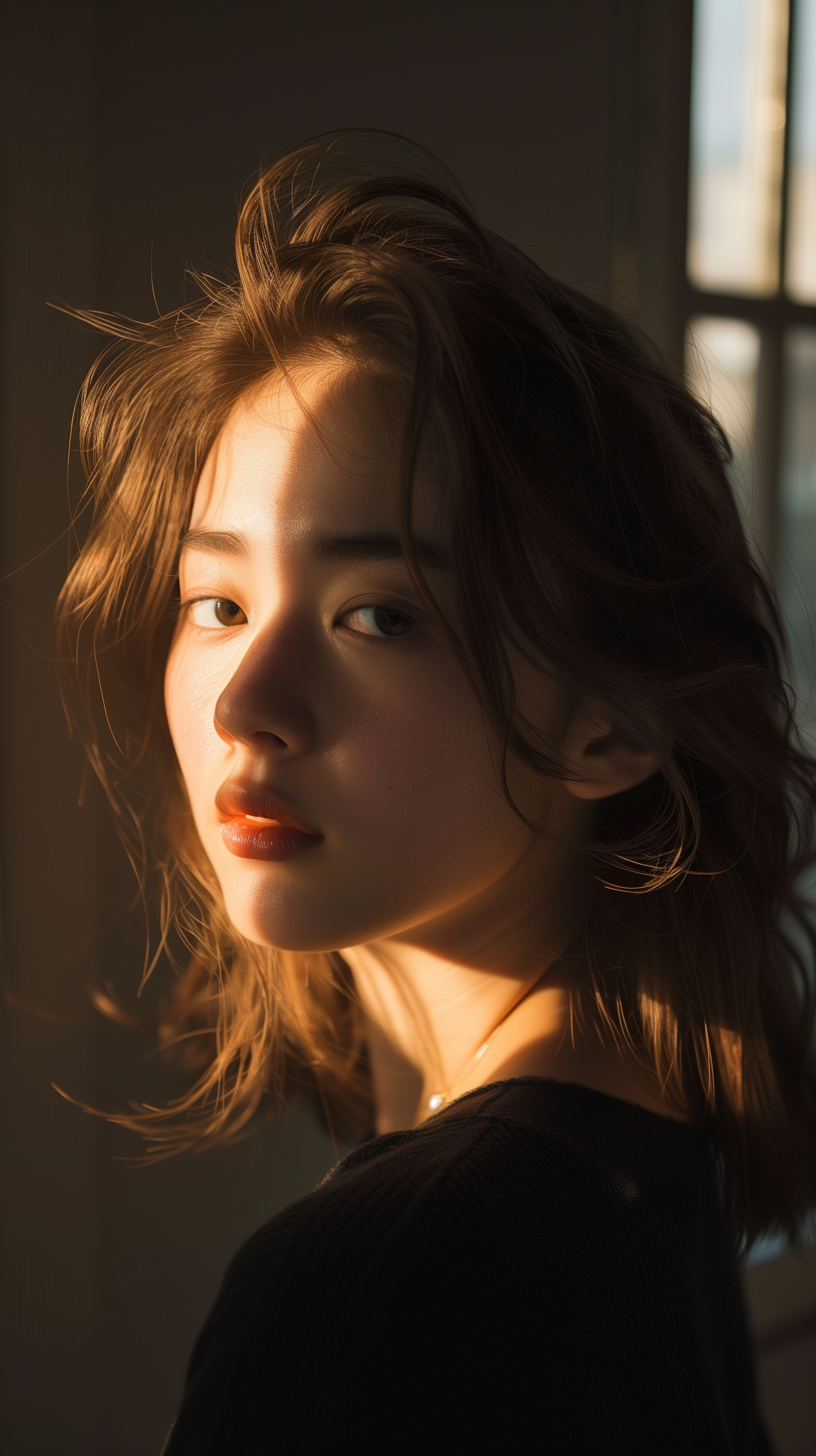 Midjourney prompt: close-up portrait of a korean woman in a dimly lit... - Midjourney