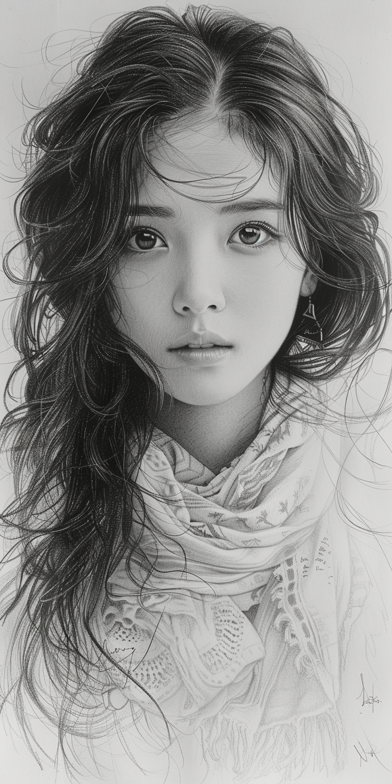 Midjourney prompt: A pencil sketch of an Asian girl with long hair, w... - Midjourney