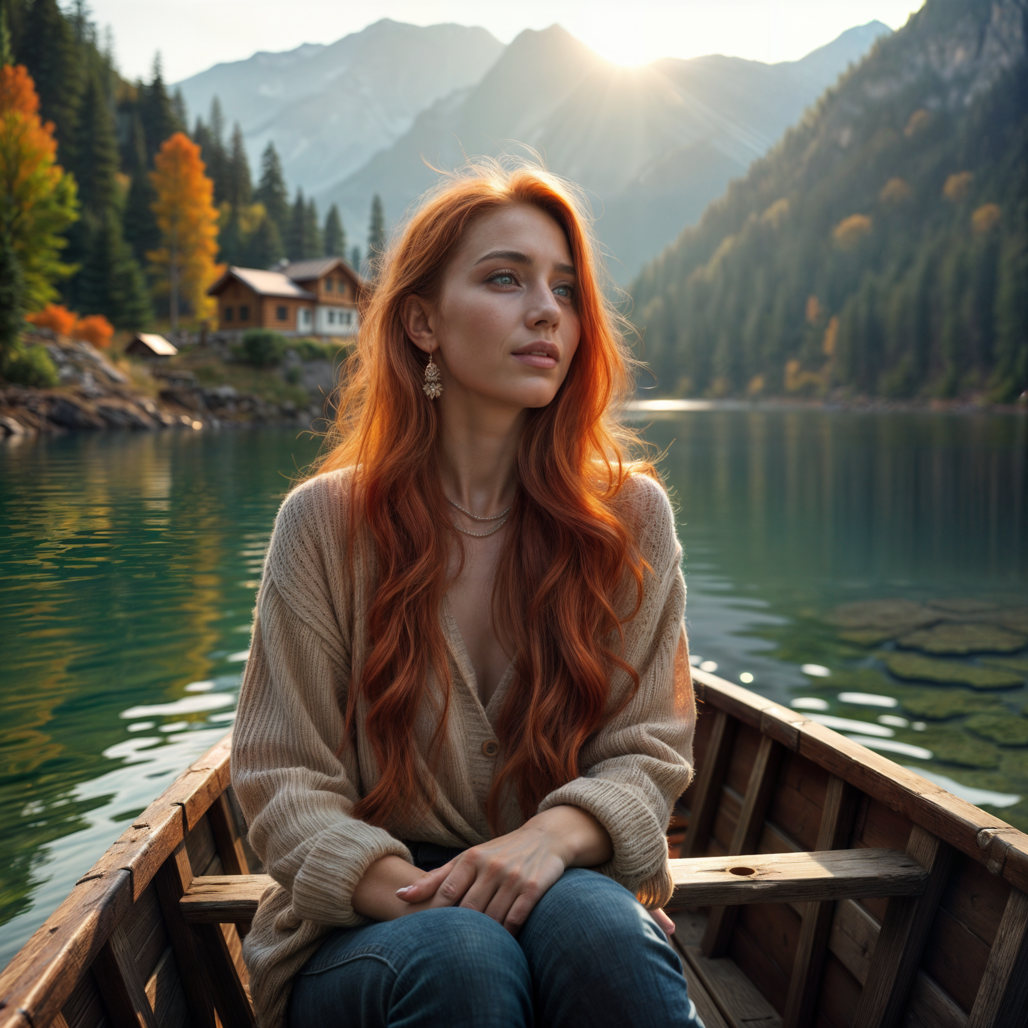 AI generated: FLUX prompt: A woman with red hair is sitting in a boat on a la... (FLUX - Portraits)