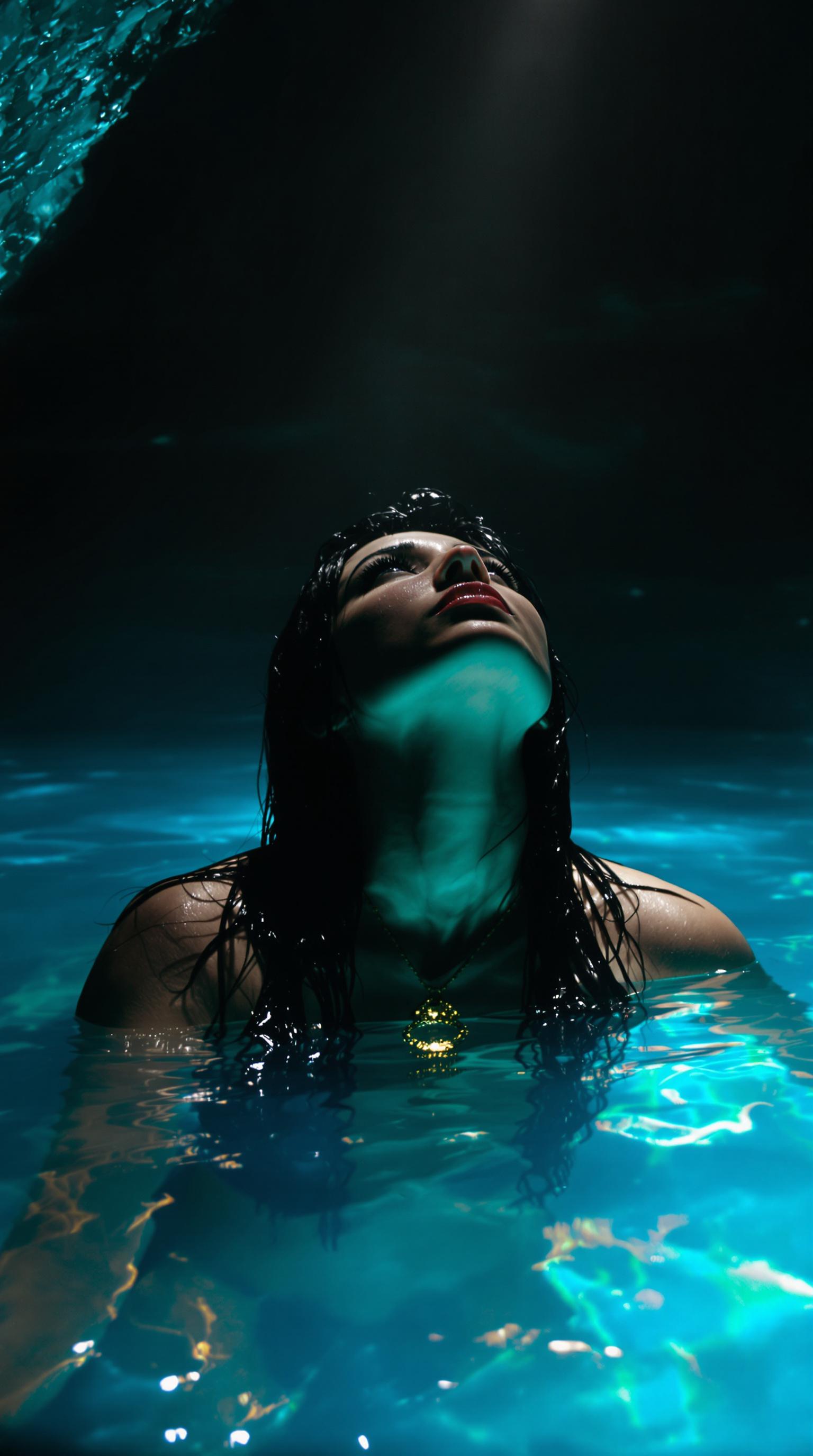 AI generated: FLUX prompt: Woman in mystical cave pool, long wet black hair, ... (FLUX - Portraits)