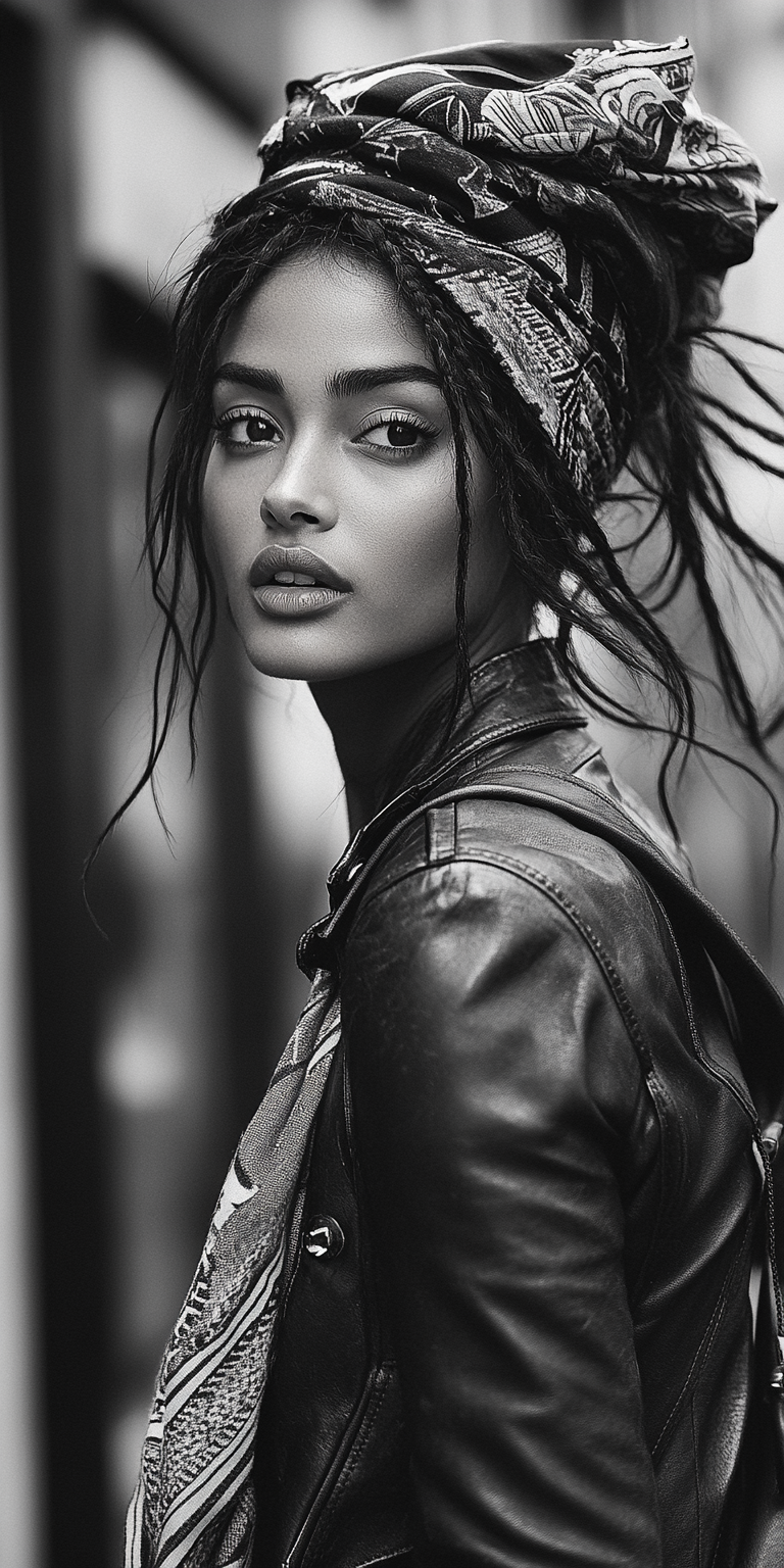 Midjourney prompt: Black and white street photography of an attractiv... - Midjourney