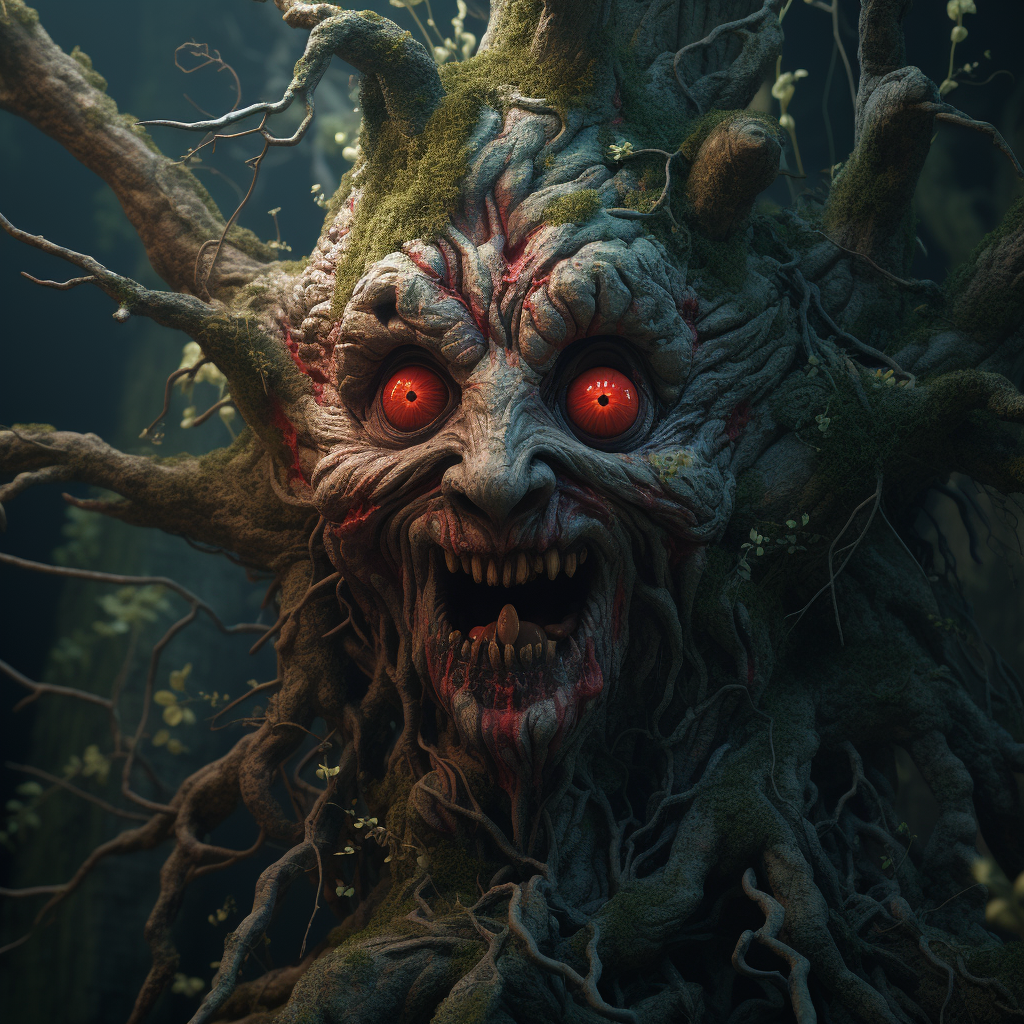 صورة مولدة بالذكاء الاصطناعي: Midjourney prompt: a scary looking wood creature with a red eye, in t... (نموذج Midjourney - فن مفاهيمي)