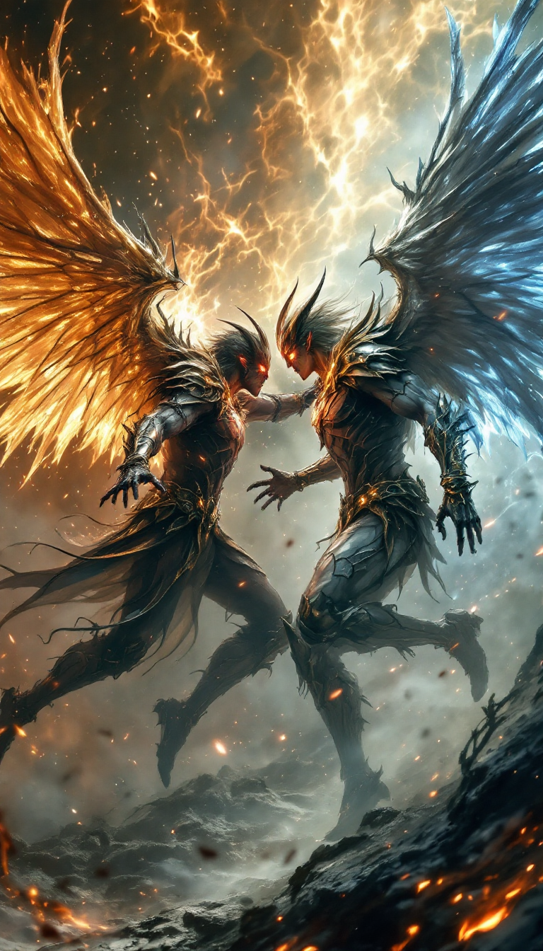 Demonic Combat FLUX prompt: Epic Fight between one angel and one demon,