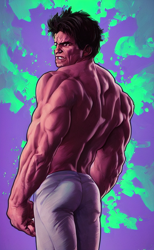Stable Diffusion prompt: Incredible Hulk wearing purple s...