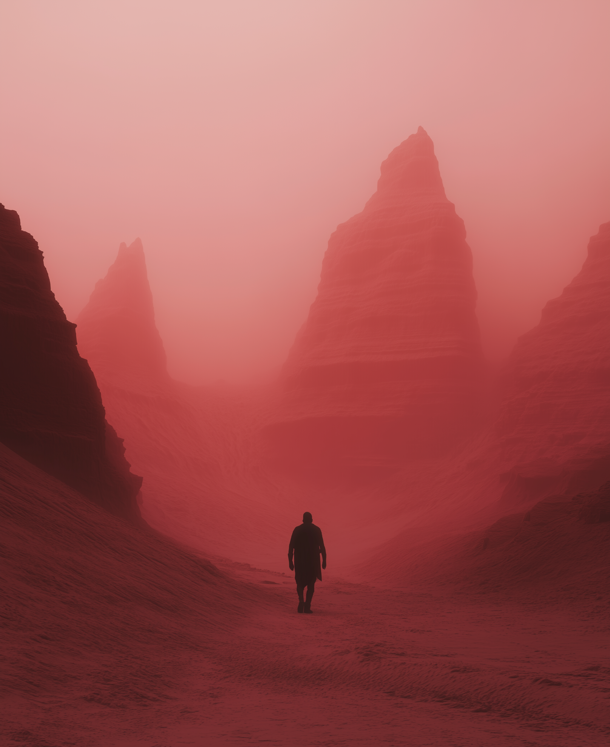 صورة مولدة بالذكاء الاصطناعي: Midjourney prompt: A man in the foreground, walking on an alien plane... (نموذج Midjourney - مناظر طبيعية)