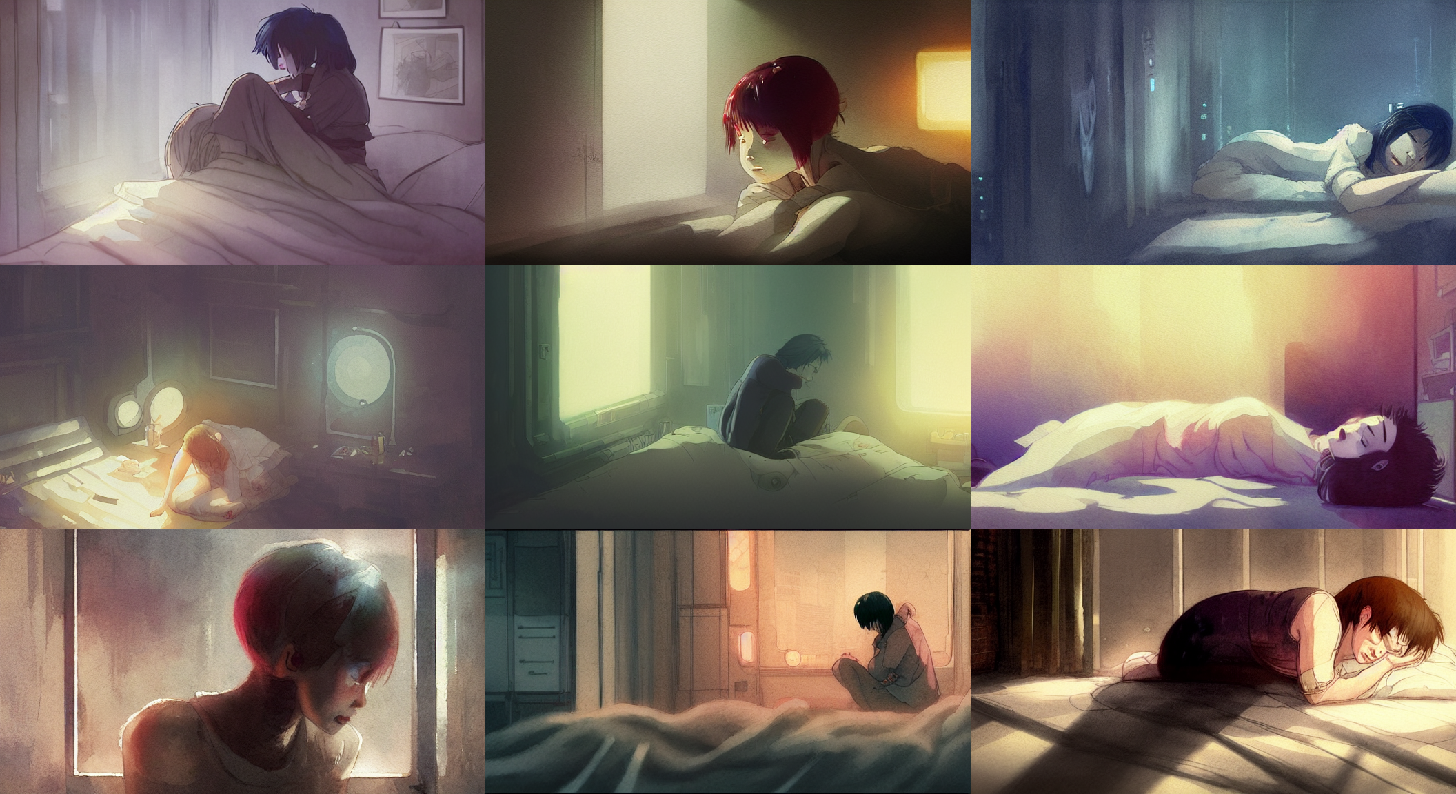 Stable Diffusion prompt: character crying curled up in be...