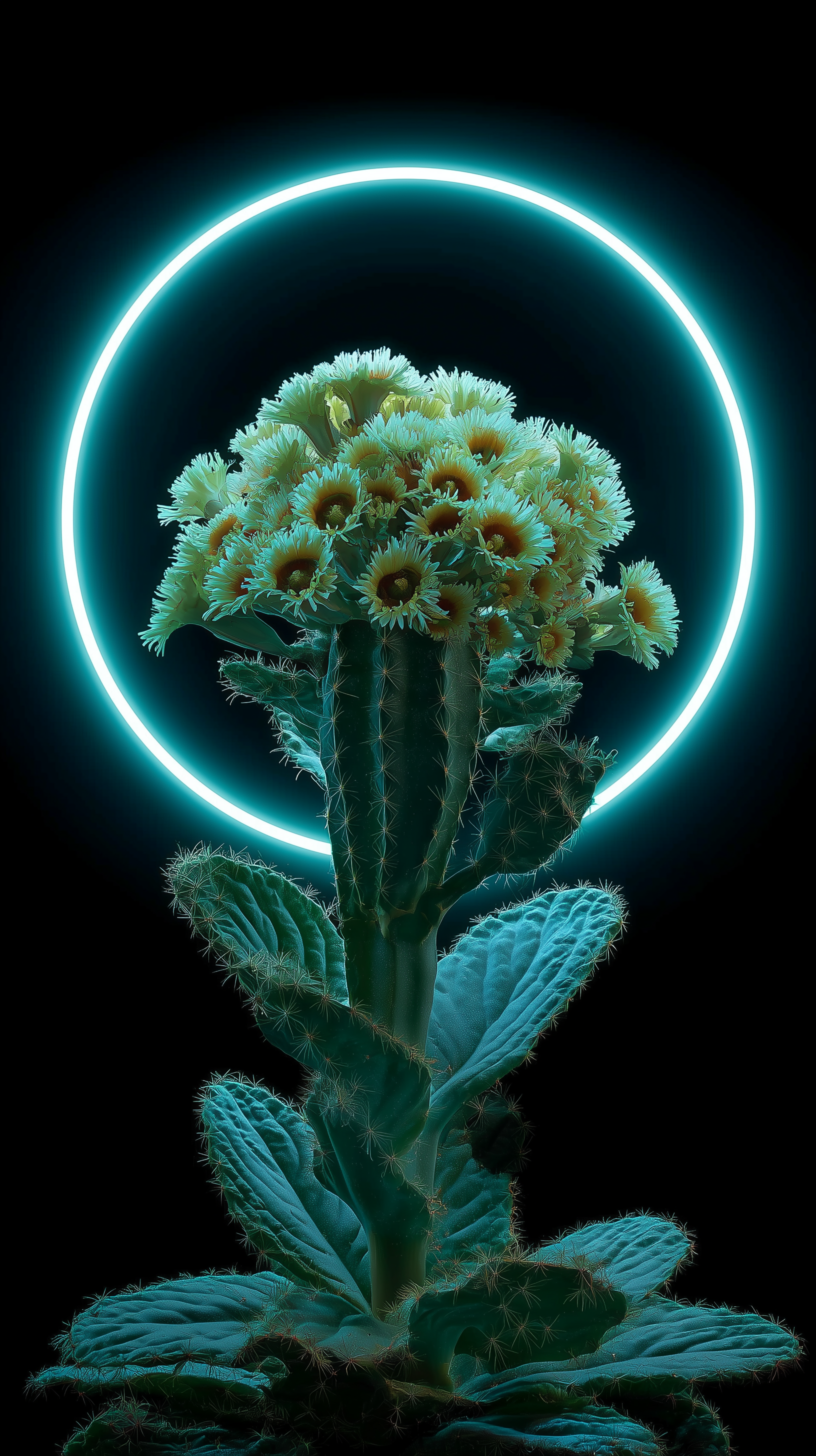 صورة مولدة بالذكاء الاصطناعي: Midjourney prompt: botanical shadow of a cactus, surrounded by neon r... (نموذج Midjourney - فن مفاهيمي)