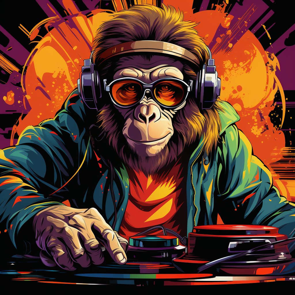 صورة مولدة بالذكاء الاصطناعي: Midjourney prompt: A monkey playing plates as a dj, funky psychedelic... (نموذج Midjourney - Character Design)