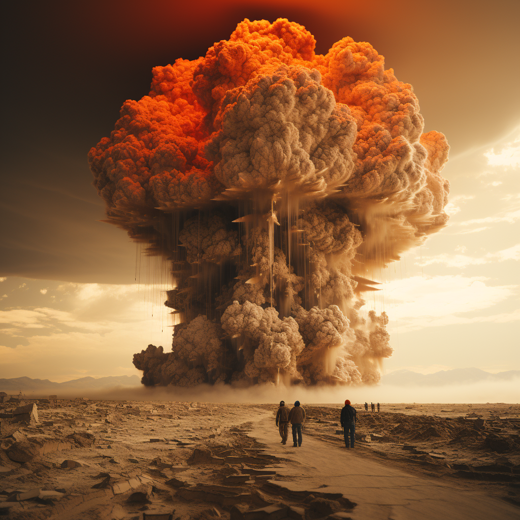 صورة مولدة بالذكاء الاصطناعي: Midjourney prompt: A Tsar Bomb explosion, massive, in the desert, ext... (نموذج Midjourney - تصوير فوتوغرافي)