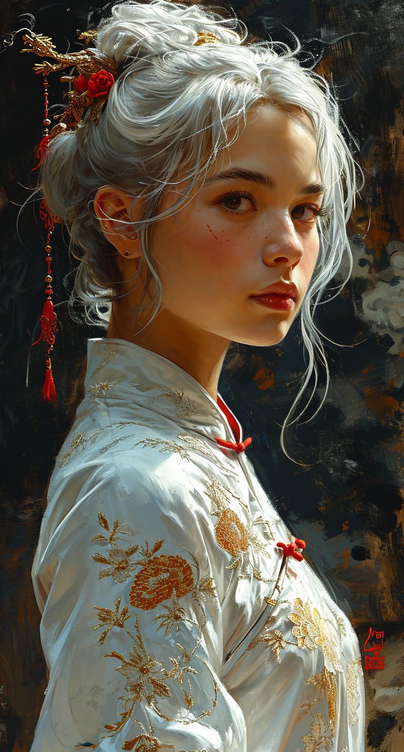 AI generated: Midjourney prompt: chinese girl with white hair in a white dress, in ... (Midjourney - Portraits)