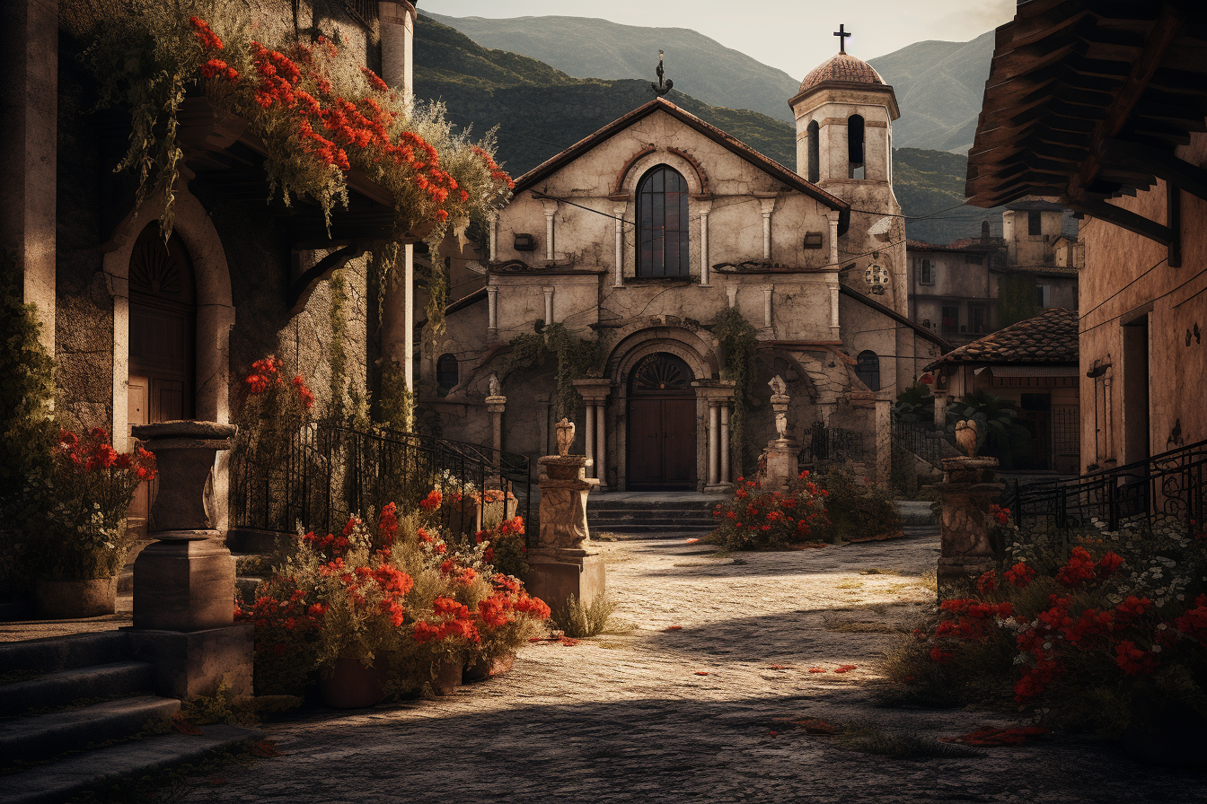 Midjourney prompt: old italian church in the middle of a nostalgic to... - Midjourney
