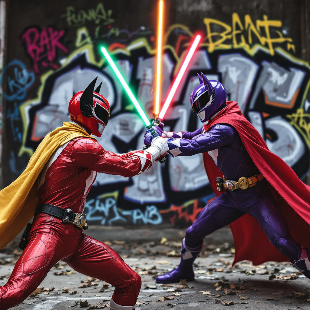FLUX prompt: Hyper real red power ranger with bat ears an...