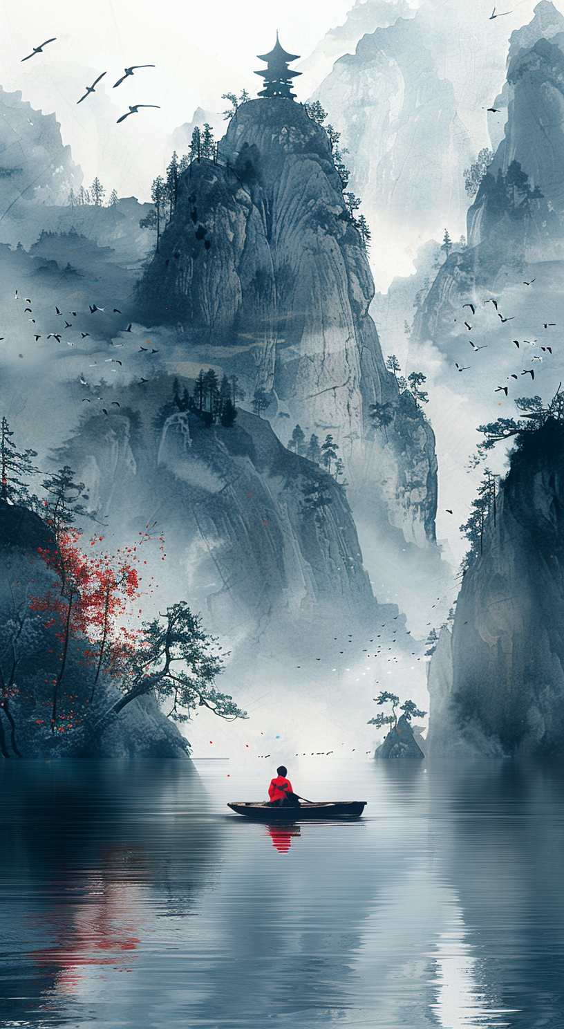 AI generated: Midjourney prompt: 1 person in red is sitting in a boat on the river,... (Midjourney - Photography)