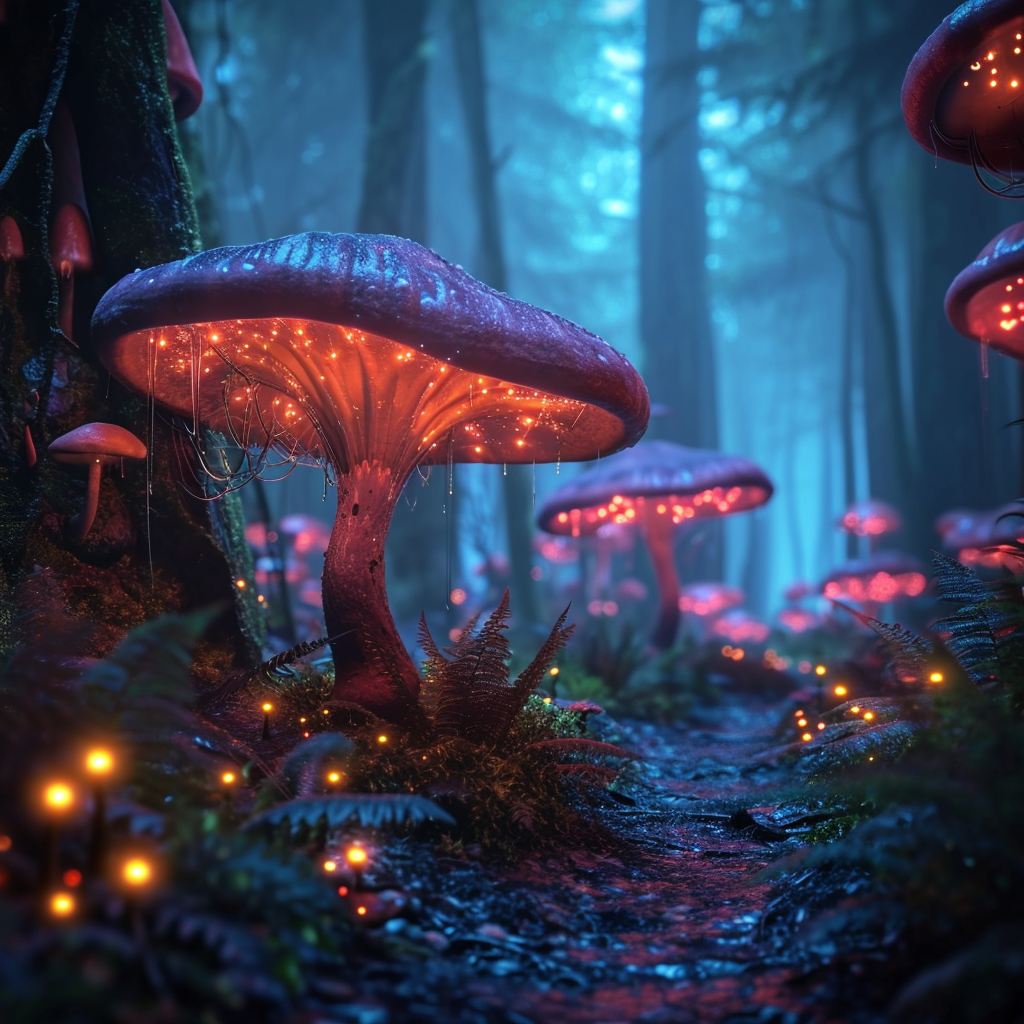 AI generated: Midjourney prompt: large glowing mushroom forest --style raw --v 6.0 (Midjourney - Landscapes)