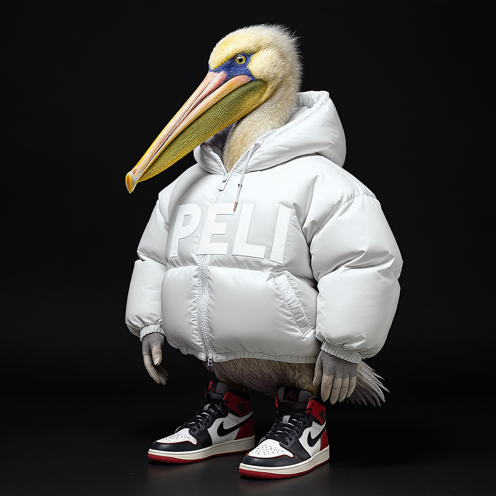 صورة مولدة بالذكاء الاصطناعي: FLUX prompt: A pelican wearing an oversized puffy jacket and Ni... (نموذج FLUX - فن مفاهيمي)