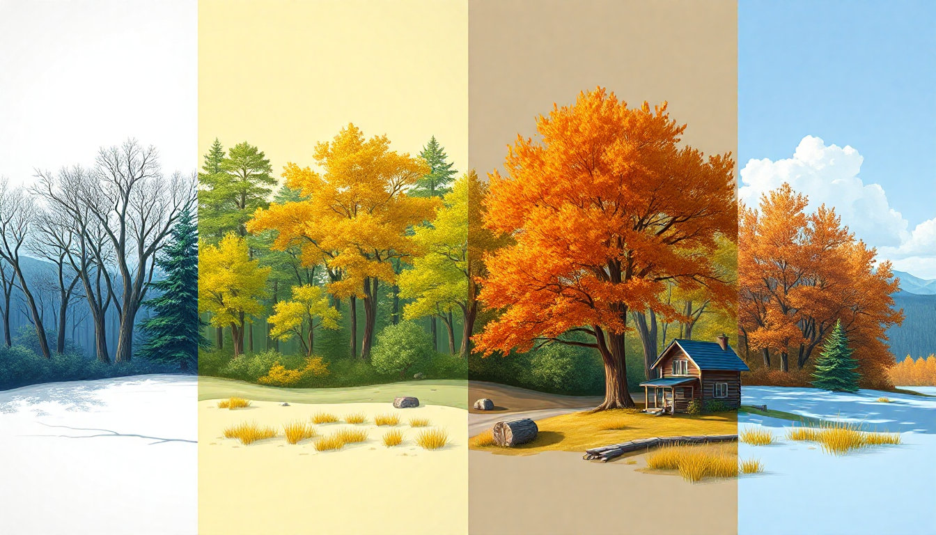 AI generated: FLUX prompt: illustrate the four seasons of a single landscape ... (FLUX - Landscapes)