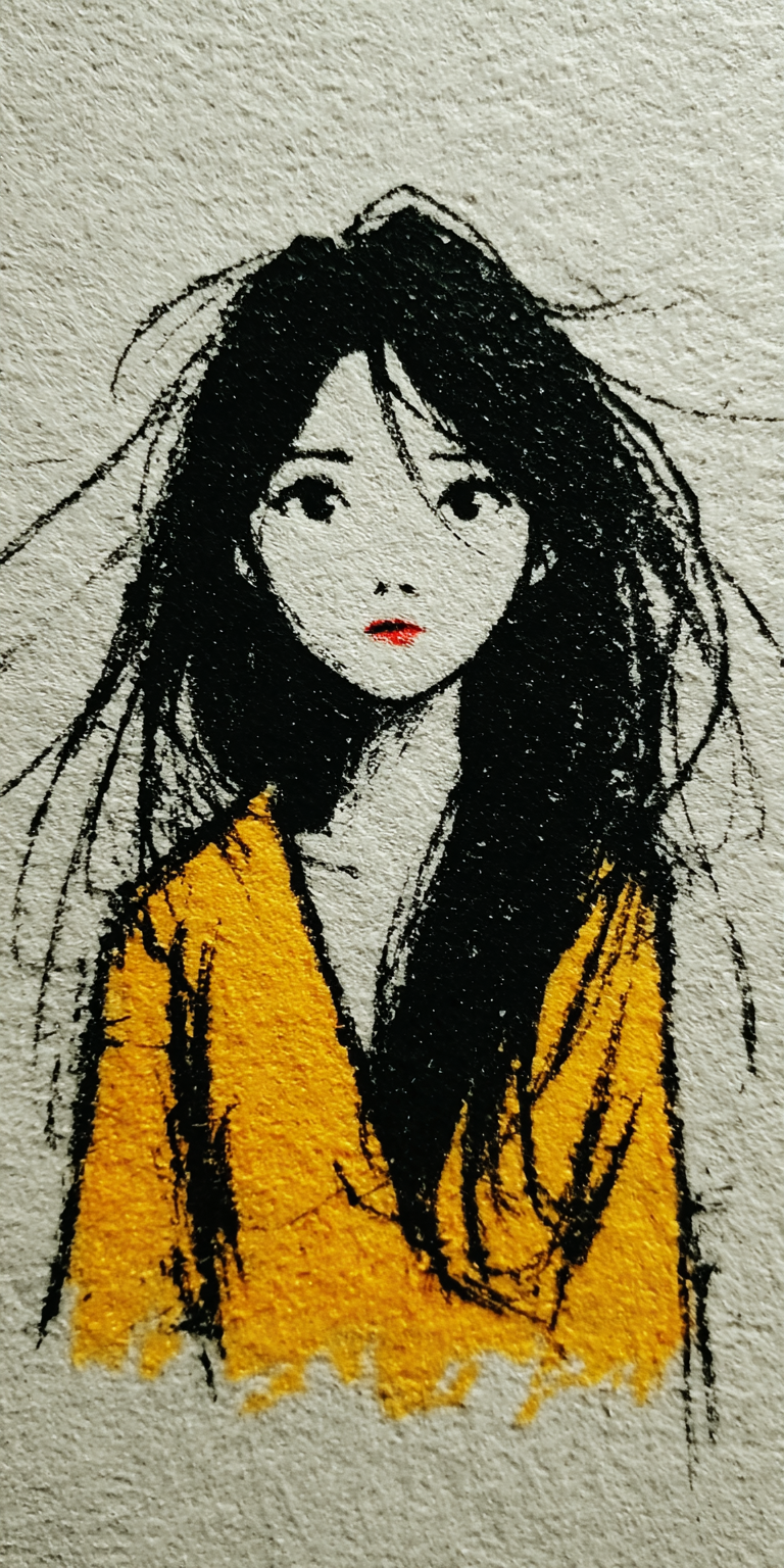 Midjourney prompt: A hand-drawn illustration of a woman with long bla... - Midjourney