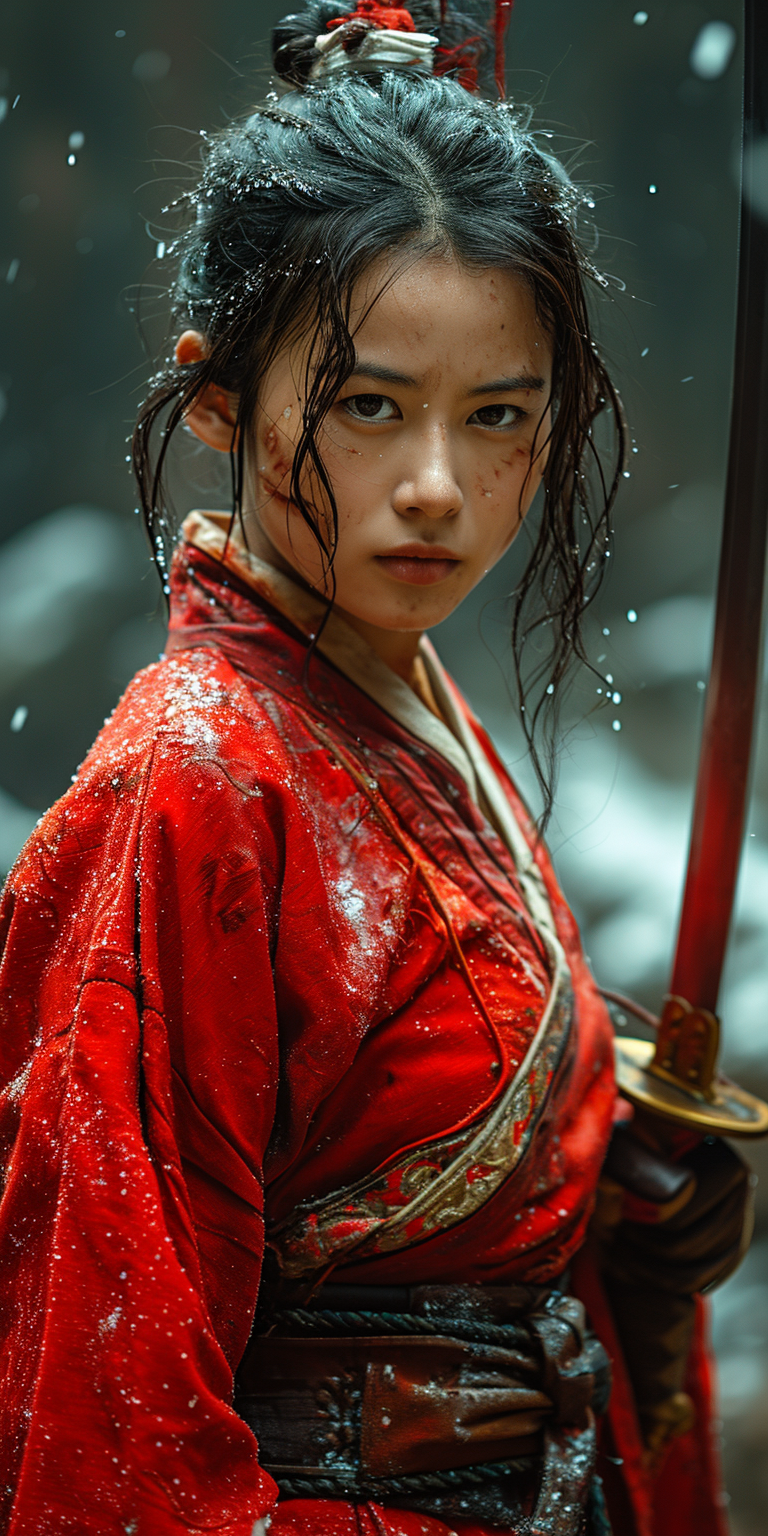 AI generated: Midjourney prompt: the girl is wielding a sword in the background, in... (Midjourney - Portraits)