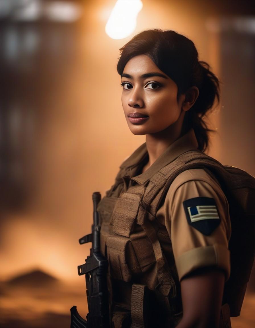 Stable Diffusion prompt: Photo of a female soldier in pos...
