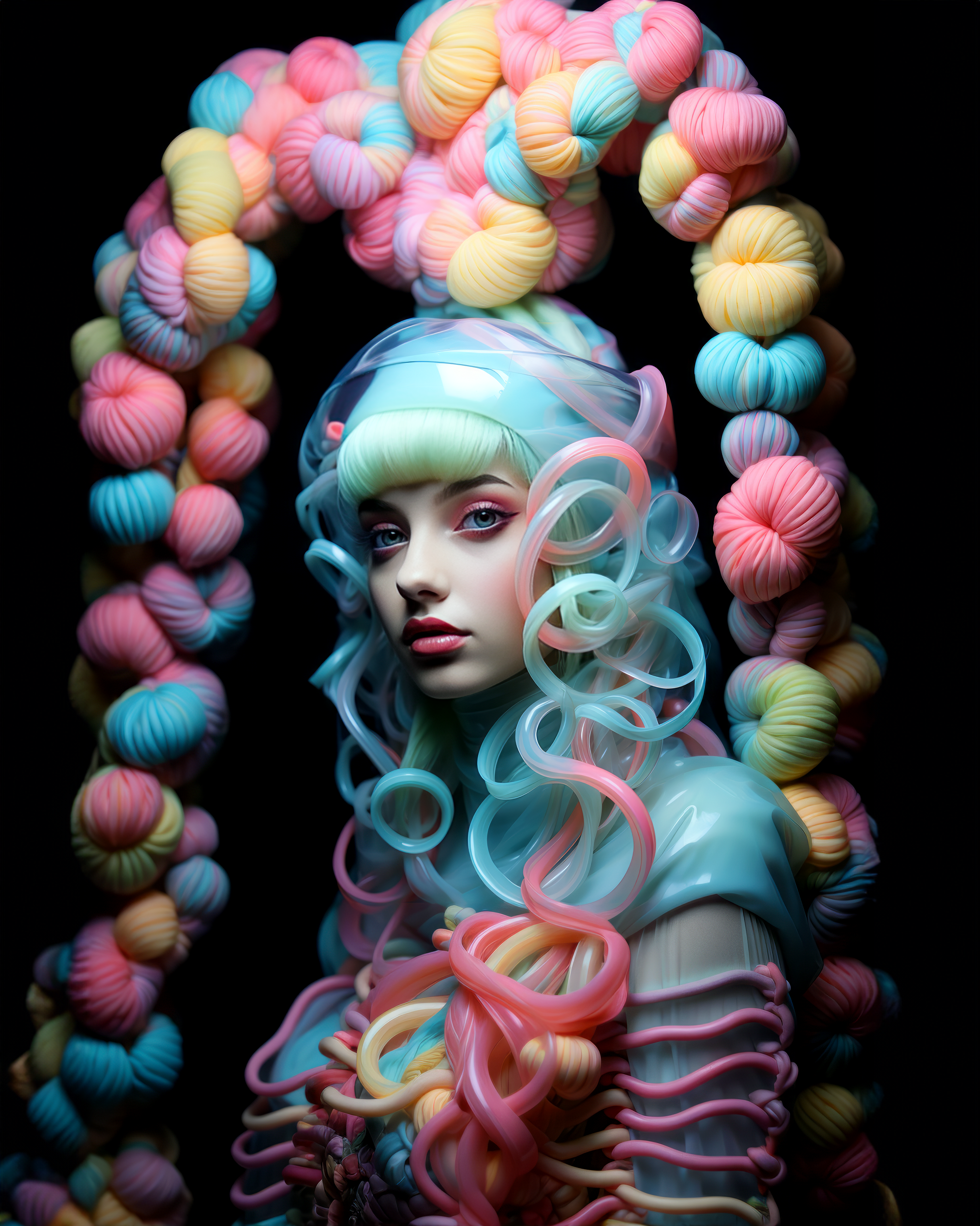 صورة مولدة بالذكاء الاصطناعي: Midjourney prompt: a girl wearing a blue hat, in the style of neon co... (نموذج Midjourney - صور شخصية)