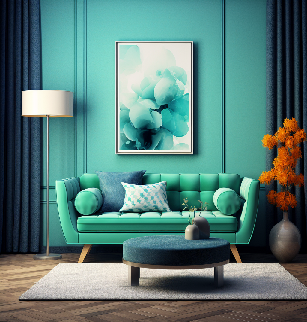 Midjourney prompt: blue living room design, in the style of 1960s, li... - Midjourney