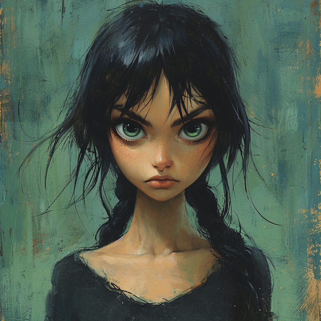 Midjourney prompt: a girl with long hair and big shoulders, with angr... - Midjourney