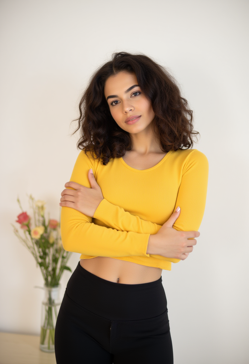 صورة مولدة بالذكاء الاصطناعي: FLUX prompt: A young woman with curly hair stands confidently b... (نموذج FLUX - تصوير فوتوغرافي)