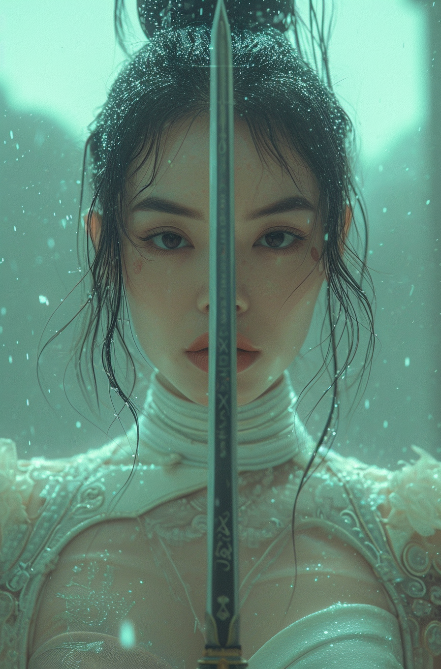 Midjourney prompt: Beautiful female in futuristic attire holding a sw... - Midjourney
