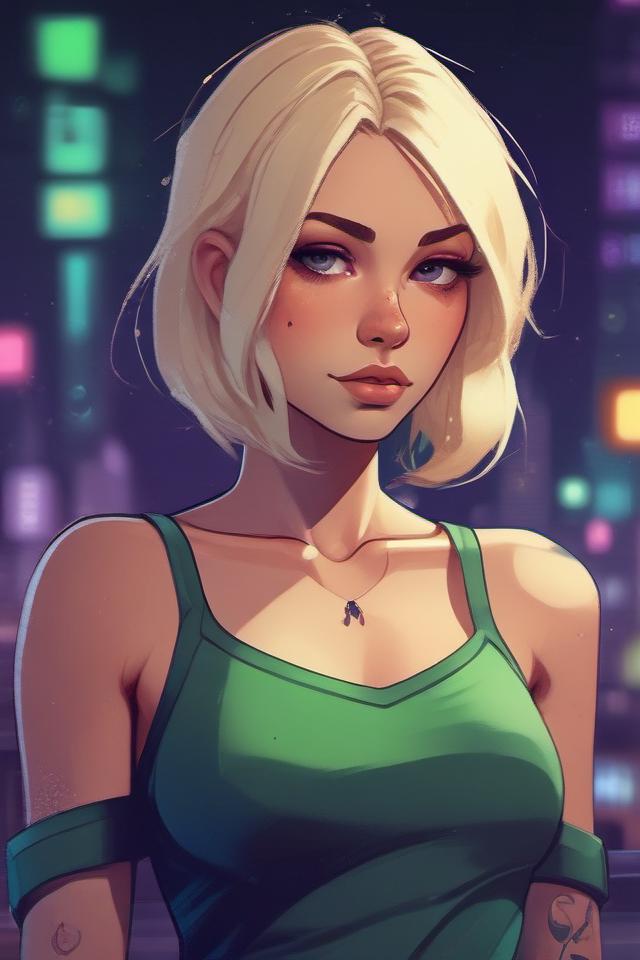 صورة مولدة بالذكاء الاصطناعي: أمر Midjourney: بورتريه دقيق للغاية لفتاة شقراء وموشومة بفس... وmini (نموذج Midjourney - تصميم الشخصيات)
