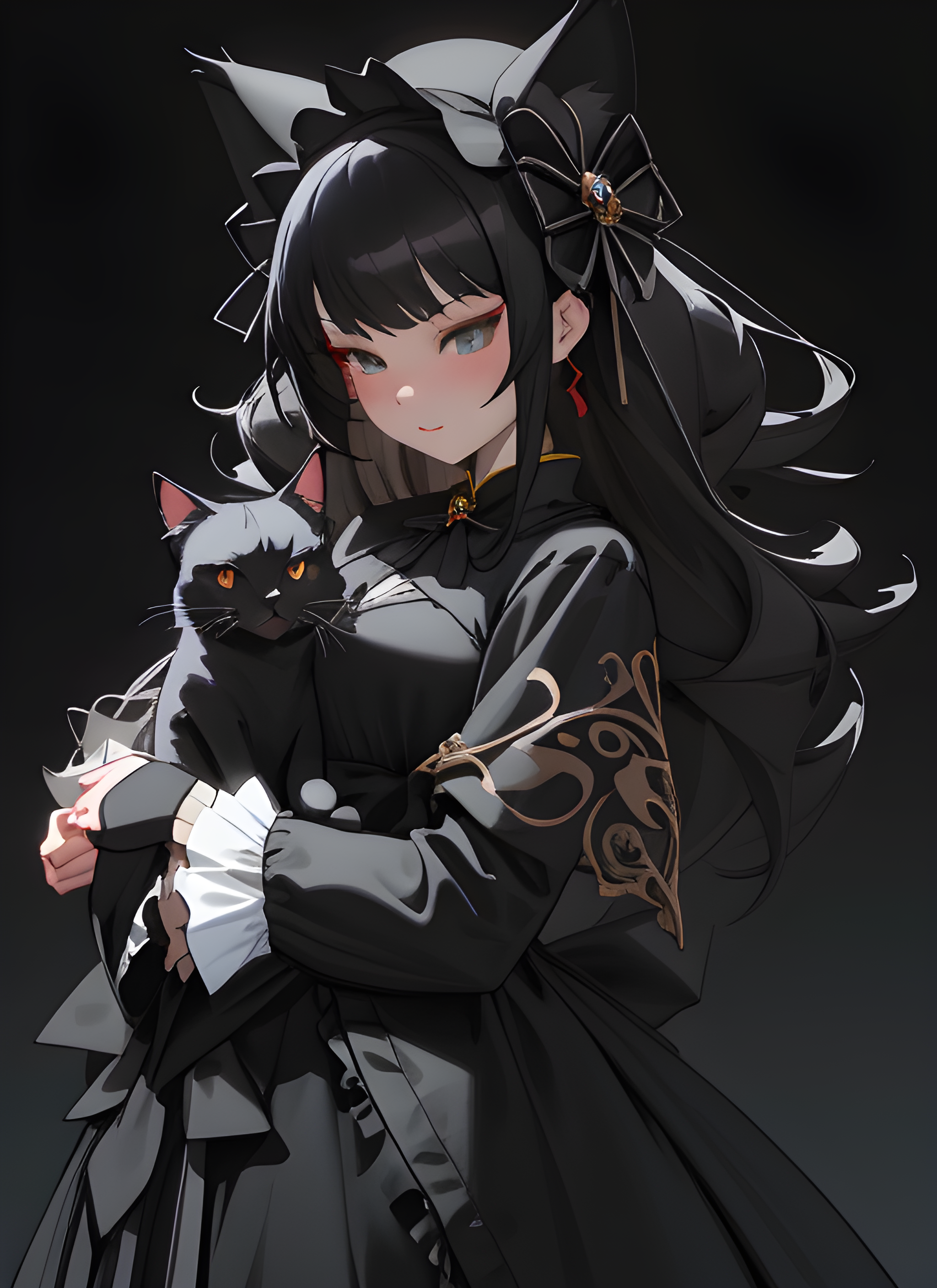 Midjourney prompt: a woman in a black dress holding a black cat, a ch... - Midjourney