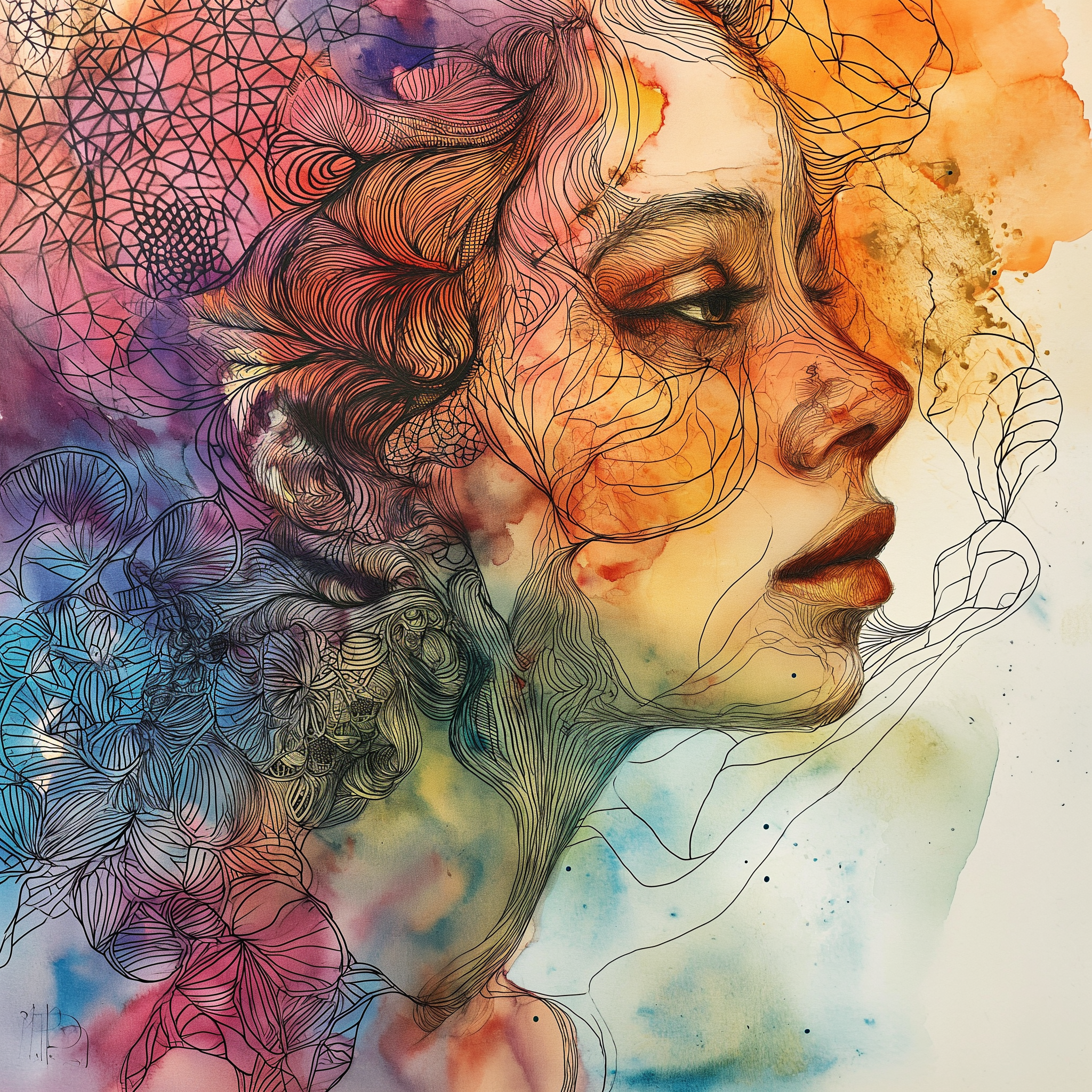 AI generated: Midjourney prompt: colorful watercolor with intricate patters overlai... (Midjourney - Concept Art)