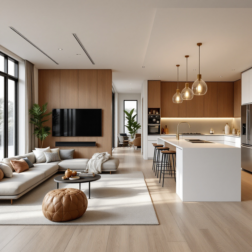 FLUX prompt: A modern and stylish open-concept living roo...