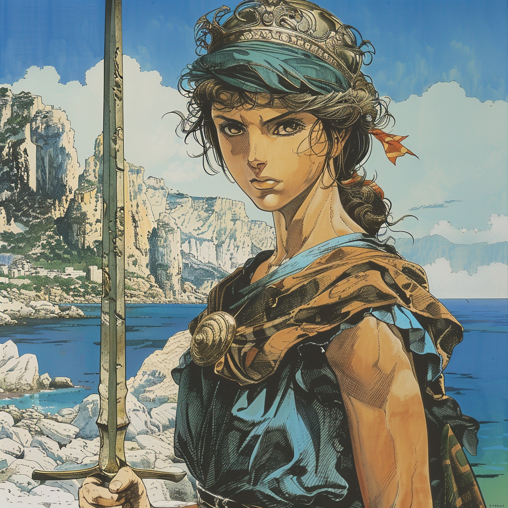 Midjourney prompt: Female Greek muse with a sword. Mediterranean back... - Midjourney
