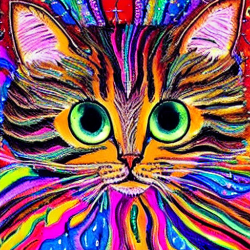 Stable Diffusion prompt: a painting of a cat on a colorfu...