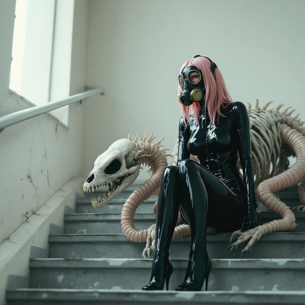 FLUX prompt: Full-body shot of a woman in a black latex catsuit... - FLUX