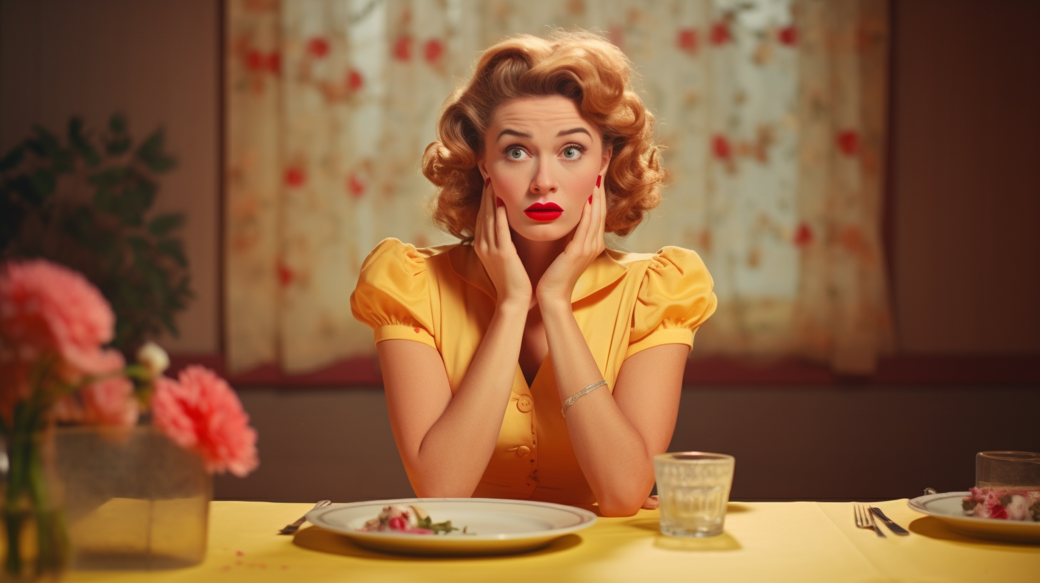 صورة مولدة بالذكاء الاصطناعي: Midjourney prompt: Lofi photography, pristine housewife eats dinner a... (نموذج Midjourney - تصوير فوتوغرافي)