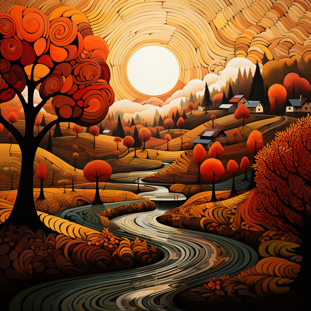 AI generated: Midjourney prompt: Geometrical art of autumn landscape, warm colors, ... (Midjourney - Landscapes)