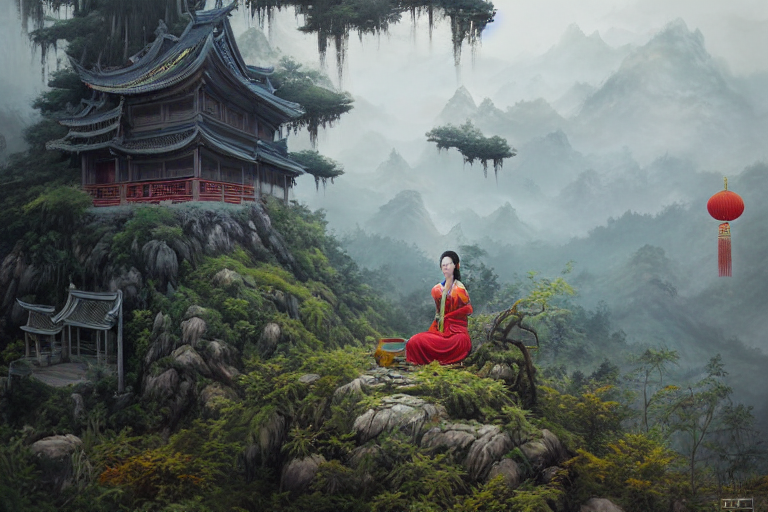 Stable Diffusion prompt: chinese style shrine on top of a...