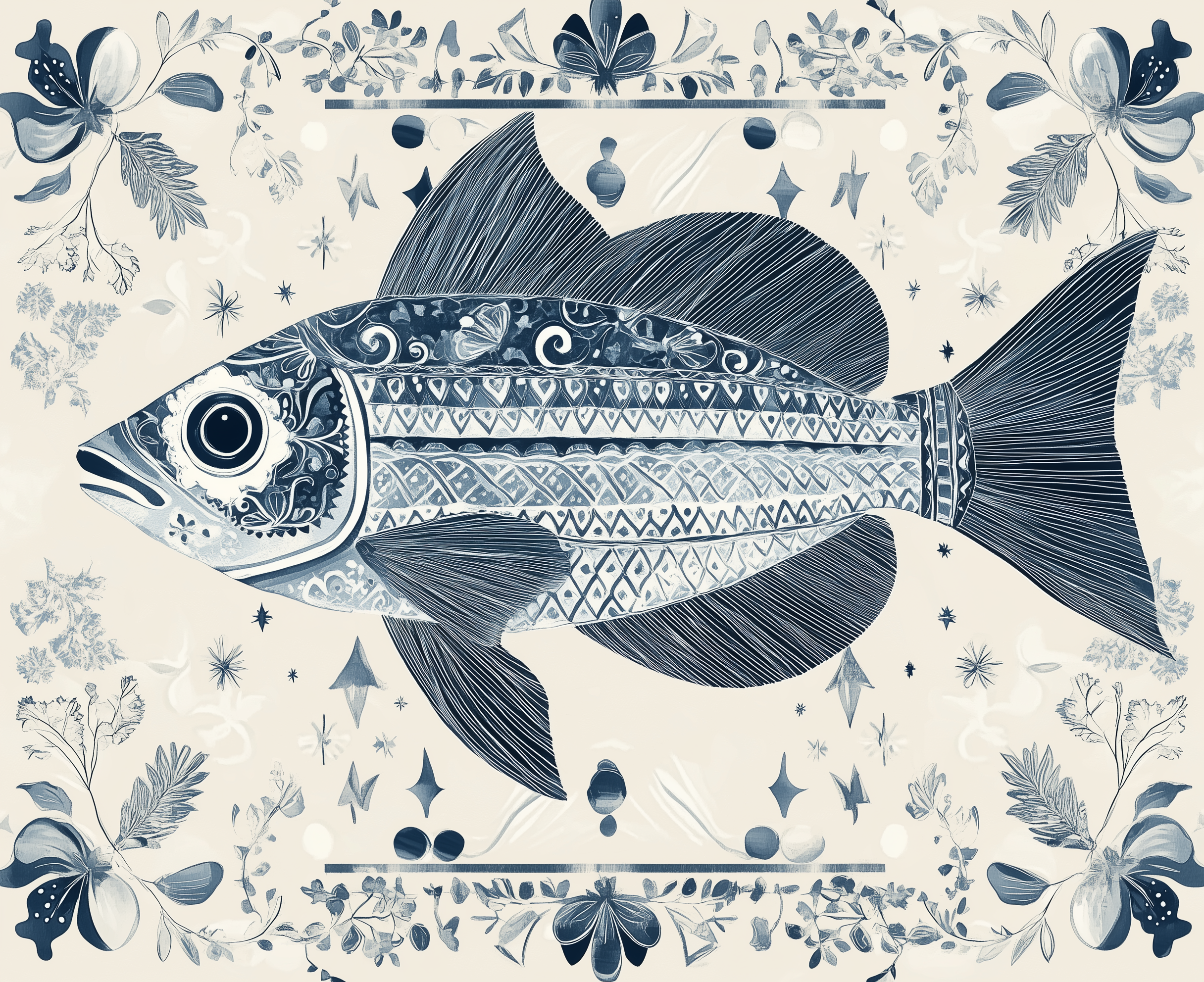 صورة مولدة بالذكاء الاصطناعي: Midjourney prompt: A fish in the style of batik, with symmetrical pat... (نموذج Midjourney - فن مفاهيمي)