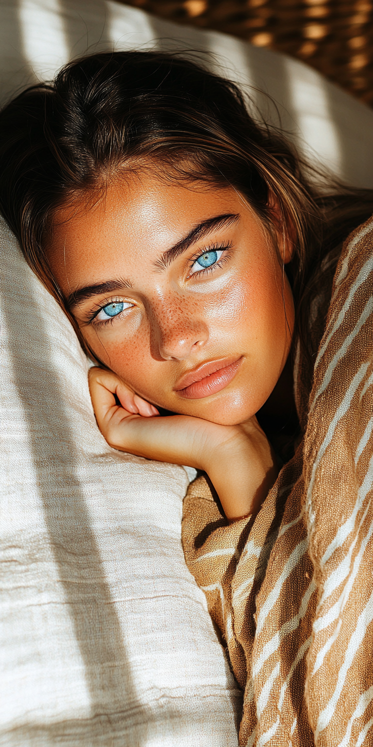 AI generated: Midjourney prompt: an attractive young woman with blue eyes lying fac... (Midjourney - Photography)